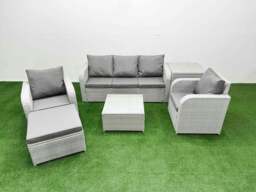 Rackhams PE Rattan Garden Furniture Set Reclining Chair Sofa Lounge Sofa Set Square Coffee Table Side Table Big Footstool Light Grey - thumbnail 1