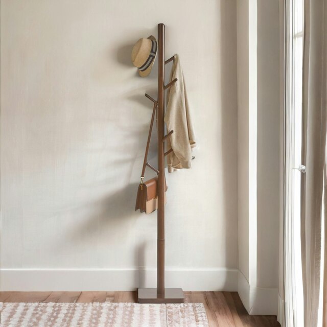 Rackhams Wooden Square Base Coat Stand With 8 Hooks Brown - image 1