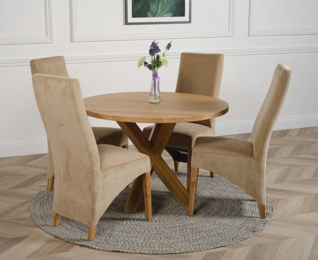 Rackhams Oregon Round Oak Dining Table with Lola Fabric Chairs - 1 - 4 chairs - Beige - image 1