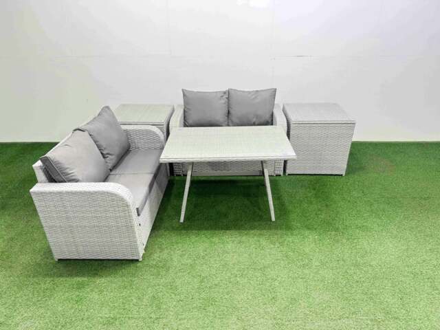 Rackhams 4 Seat Outdoor Love Sofa Set Rattan Garden Furniture Set with Rectangular Dining Table 2 Side Tables Light Grey - image 1