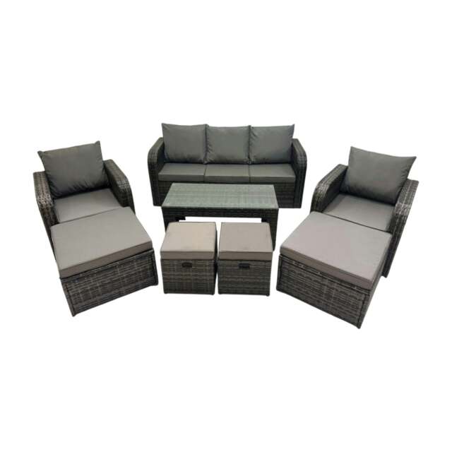 Rackhams Rattan Garden Outdoor Furniture Set 3 Seater Sofa Reclining Chair Coffee Table with 4 Footstools - image 1