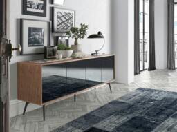 Rackhams Black Mirror Effect Glass, Walnut and Black Steel Sideboard 3061 - thumbnail 6