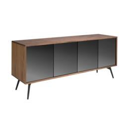 Rackhams Black Mirror Effect Glass, Walnut and Black Steel Sideboard 3061