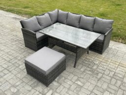 Rackhams 7 Seater Rattan Garden Furniture Sets High Back Corner Sofa Rectangular Dining Table Set with Big Footstool Dark Grey Mixed - thumbnail 1