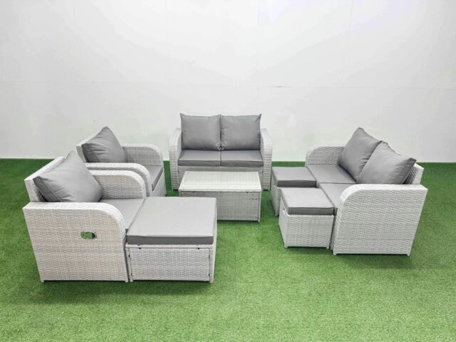 Rackhams 9 Seater Outdoor Reclining Chair Love Sofa Set Rattan Garden Furniture Set with Rectangular Coffee Table 3 Stools Light Grey - image 1