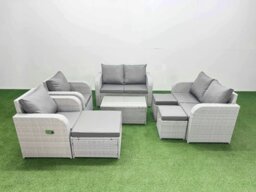 Rackhams 9 Seater Outdoor Reclining Chair Love Sofa Set Rattan Garden Furniture Set with Rectangular Coffee Table 3 Stools Light Grey - thumbnail 1