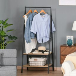 Rackhams 2-Tier Garment Rack Storage Shelves Metal Coat Shoes Clothes - Natural wood finish - 64cm x 42.5cm x 149cm