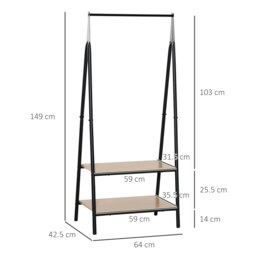 Rackhams 2-Tier Garment Rack Storage Shelves Metal Coat Shoes Clothes - Natural wood finish - 64cm x 42.5cm x 149cm - thumbnail 3