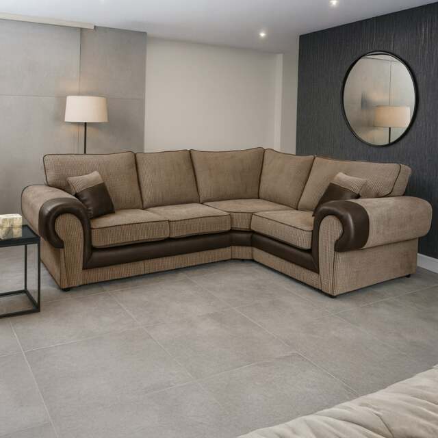 Rackhams Portland Mixed Fabric Cord 4 Seater Corner Sofa - Brown and Beige - Right Hand Facing - image 1