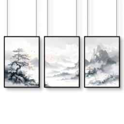 Rackhams Modern Pictures For Living Room - Set of 3 Asian Inspired Wall art Prints - 20 x 30 in / 50 x 76 cm - Satin Photo paper 280 gsm - Black Frame - thumbnail 1