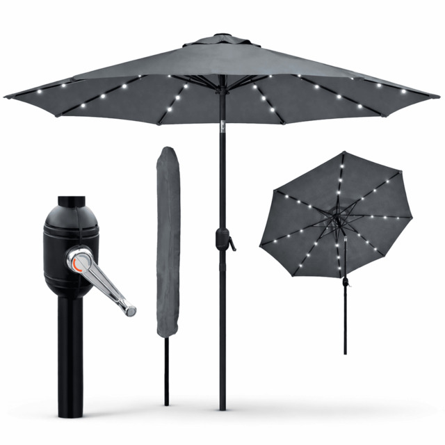 Rackhams Garden Parasol Solar LED 2.7M ,Tilting Table Umbrella with Crank Handle, Protection UV40, Free Parasol Cover- Dark Grey - image 1