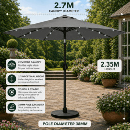 Rackhams Garden Parasol Solar LED 2.7M ,Tilting Table Umbrella with Crank Handle, Protection UV40, Free Parasol Cover- Dark Grey - thumbnail 2