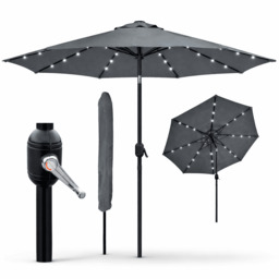 Rackhams Garden Parasol Solar LED 2.7M ,Tilting Table Umbrella with Crank Handle, Protection UV40, Free Parasol Cover- Dark Grey