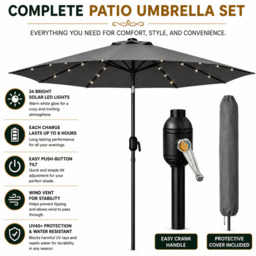 Rackhams Garden Parasol Solar LED 2.7M ,Tilting Table Umbrella with Crank Handle, Protection UV40, Free Parasol Cover- Dark Grey - thumbnail 3