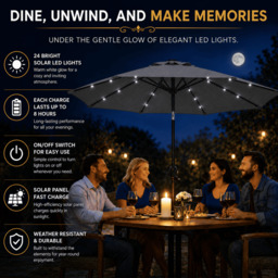 Rackhams Garden Parasol Solar LED 2.7M ,Tilting Table Umbrella with Crank Handle, Protection UV40, Free Parasol Cover- Dark Grey - thumbnail 4