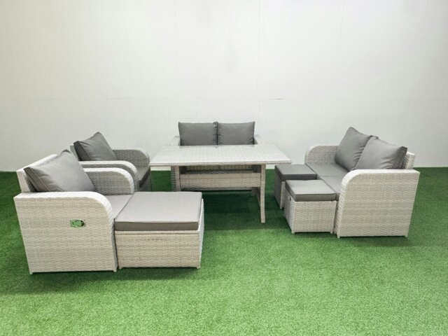 Rackhams 9 Seater Outdoor Reclining Chair Love Sofa Set Rattan Garden Furniture Set with Rectangular Dining Table 3 Stools Light Grey - image 1