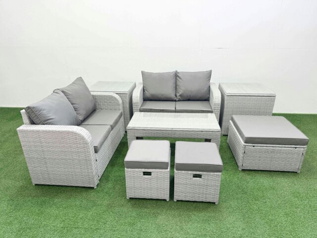 Rackhams 7 Seater Outdoor Love Sofa Set Rattan Garden Furniture Set with Oblong Coffee Table 3 Footstool 2 Side Tables Light Grey - image 1