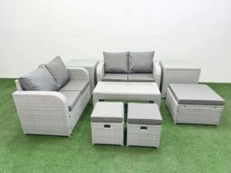 Rackhams 7 Seater Outdoor Love Sofa Set Rattan Garden Furniture Set with Oblong Coffee Table 3 Footstool 2 Side Tables Light Grey - thumbnail 1