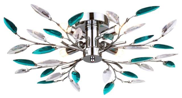 Rackhams Modern Semi Flush Chrome Ceiling Light with Teal Acrylic Leaves