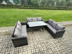 Rackhams Patio Rattan Garden Furniture Set with Oblong Rectangular Dining Table 9 Seater Outdoor Lounge Sofa Set Dark Grey Mixed - thumbnail 2