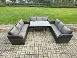 Rackhams Patio Rattan Garden Furniture Set with Oblong Rectangular Dining Table 9 Seater Outdoor Lounge Sofa Set Dark Grey Mixed - thumbnail 1
