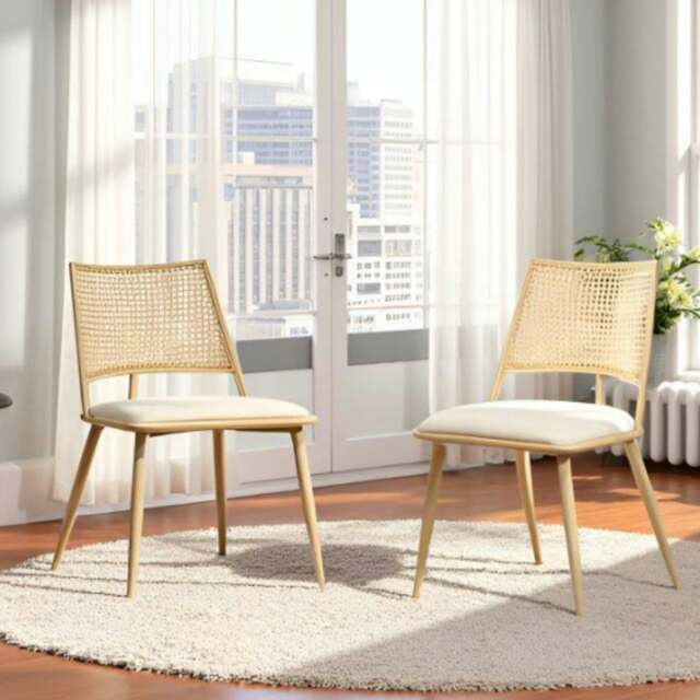 Rackhams Dining Chairs Set of 2, Mid-Century Kitchen Chair-Rattan Backrest and Metal Frame, Upholstered Dining Chair with Living Room, Bedroom - Oak - image 1