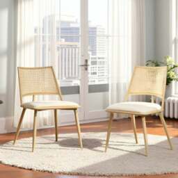 Rackhams Dining Chairs Set of 2, Mid-Century Kitchen Chair-Rattan Backrest and Metal Frame, Upholstered Dining Chair with Living Room, Bedroom - Oak - thumbnail 1