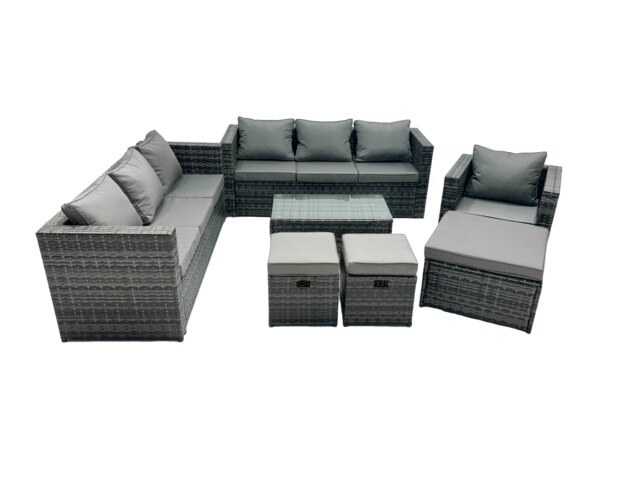 Rackhams Rattan Garden Furniture Dining Set 10 seater Patio Coffee Table Sofa Set with 3 Stools Dark Grey Mixed - image 1