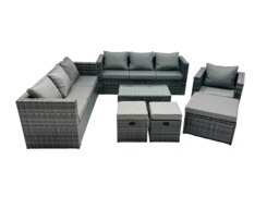 Rackhams Rattan Garden Furniture Dining Set 10 seater Patio Coffee Table Sofa Set with 3 Stools Dark Grey Mixed - thumbnail 1