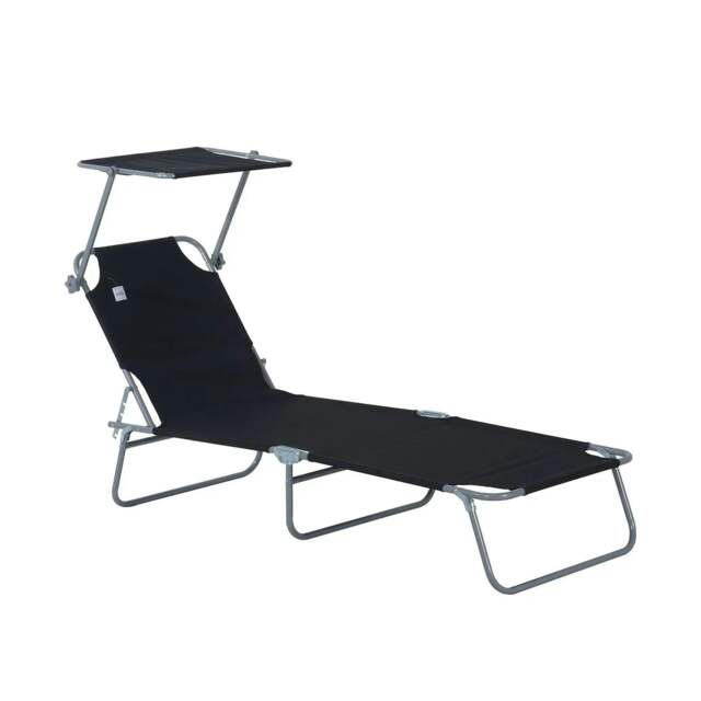 Rackhams Outdoor Foldable Sun Lounger, 4 Level Adjustable Backrest Reclining Sun Lounger Chair with Angle Adjust Sun Shade Awning, Black - image 1
