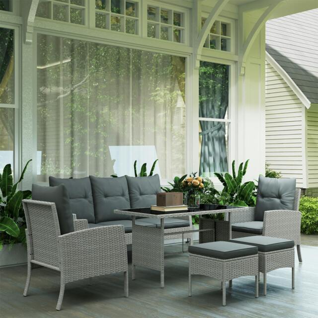 Rackhams 6 Pieces Rattan Garden Furniture Sofa Set with Cushions, Grey - Grey - Steel, PE Rattan - 158W x 68D x 80Hcm - image 1