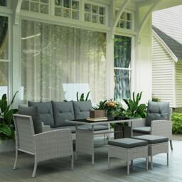 Rackhams 6 Pieces Rattan Garden Furniture Sofa Set with Cushions, Grey - Grey - Steel, PE Rattan - 158W x 68D x 80Hcm