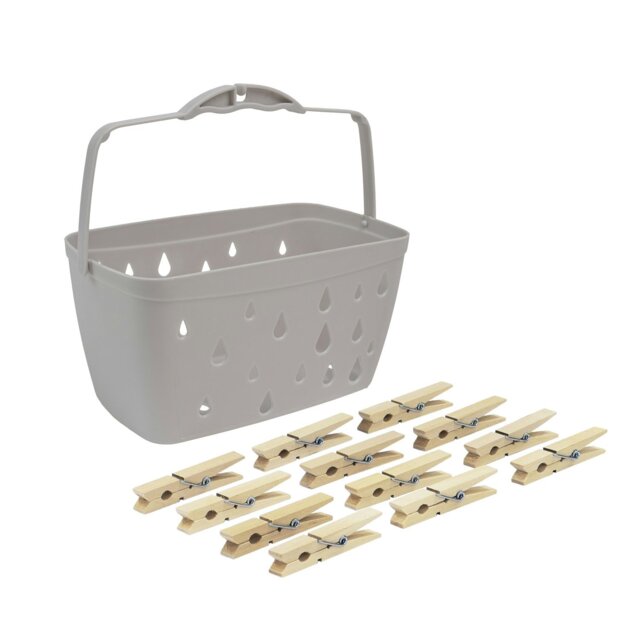 Rackhams Plastic Peg Basket, Grey with 102 Birch Wood Pegs, Brown - image 1