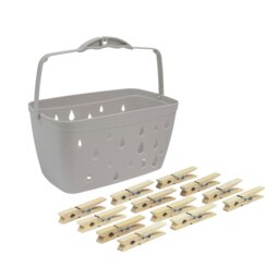 Rackhams Plastic Peg Basket, Grey with 102 Birch Wood Pegs, Brown