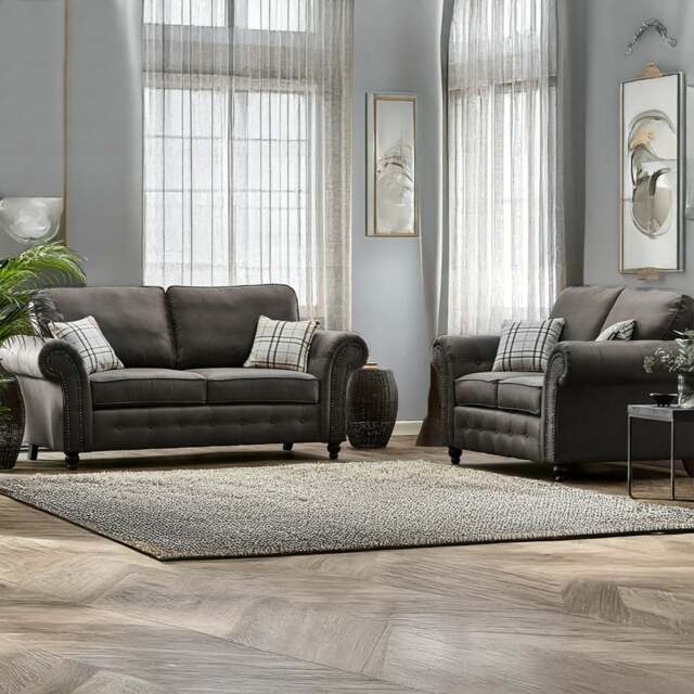 Rackhams Oakland Chesterfield Leather Sofa Suite 3 + 2 - Charcoal Grey - image 1