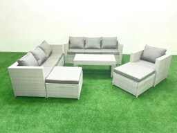 Rackhams Wicker PE Rattan Sofa Garden Furniture Set with Oblong Coffee Table Armchair 2 Big Footstools Light Grey Mixed - thumbnail 2