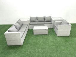 Rackhams Wicker PE Rattan Sofa Garden Furniture Set with Armchair Oblong Coffee Table 2 Side Tables Light Grey Mixed - thumbnail 2