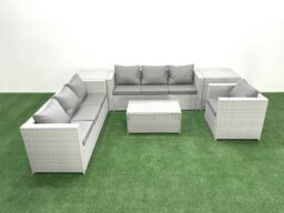 Rackhams Wicker PE Rattan Sofa Garden Furniture Set with Armchair Oblong Coffee Table 2 Side Tables Light Grey Mixed - thumbnail 1