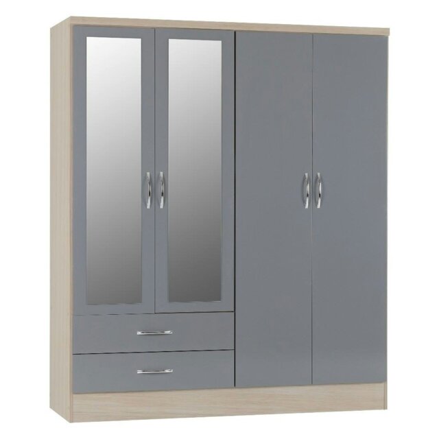 Rackhams Nevada 4 Door 2 Drawer Mirrored Wardrobe - Grey Gloss and Light Oak - image 1