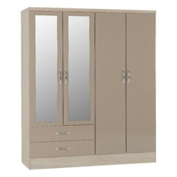 Rackhams Nevada 4 Door 2 Drawer Mirrored Wardrobe - Grey Gloss and Light Oak - thumbnail 6