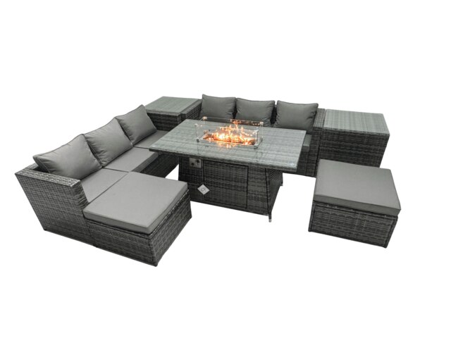 Rackhams Rattan Garden Furniture Fire Pit Dining Set 6 Seater Lounge Sofa Table Set with 2 Side Tables 2 Footstool - image 1