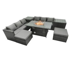 Rackhams Rattan Garden Furniture Fire Pit Dining Set 6 Seater Lounge Sofa Table Set with 2 Side Tables 2 Footstool - thumbnail 1