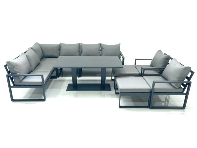 Rackhams Aluminum Outdoor Garden Furniture Set Corner Sofa 2 Chair 2 Big Footstools Adjustable Rising Lifting Dining Table Sets Dark Grey