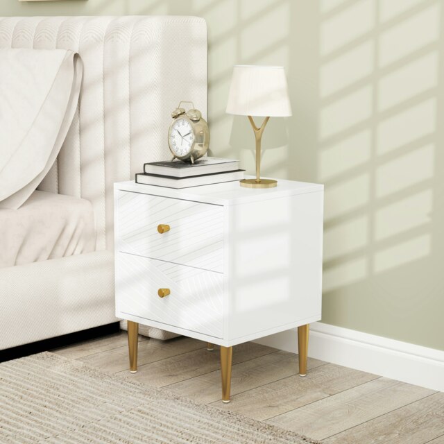 Rackhams Modern Bedside Table with Drawer, Side Table with Metal Legs, White - White - image 1