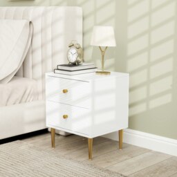 Rackhams Modern Bedside Table with Drawer, Side Table with Metal Legs, White - White - thumbnail 1