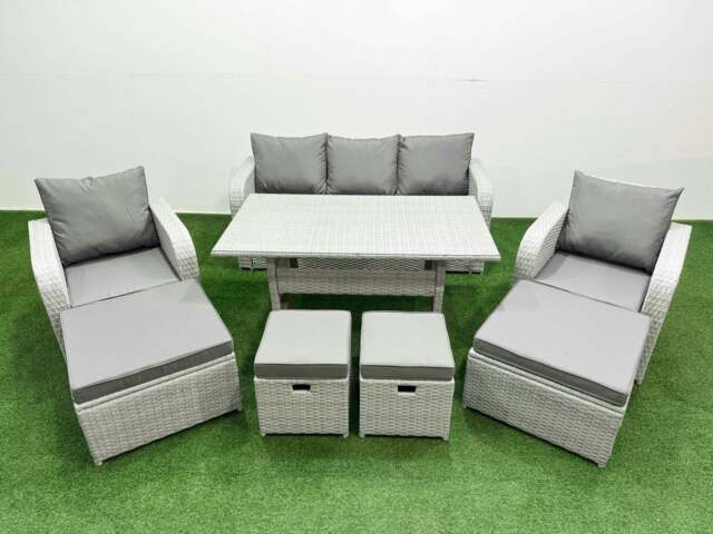 Rackhams PE Rattan Lounge Sofa Set 9 Seater Outdoor Garden Furniture Set with Dining Table 3 Seater Sofa 2 Big Footstools Light Grey - image 1