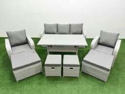 Rackhams PE Rattan Lounge Sofa Set 9 Seater Outdoor Garden Furniture Set with Dining Table 3 Seater Sofa 2 Big Footstools Light Grey - thumbnail 1