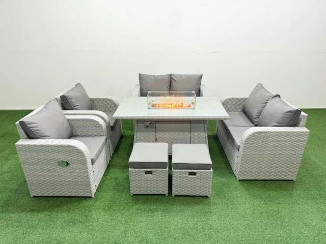 Rackhams 8 Seater Outdoor Reclining Chair Love Sofa Set Rattan Garden Furniture Set with Fire Pit Dining Table 2 Stools Light Grey - image 1