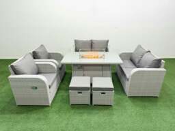 Rackhams 8 Seater Outdoor Reclining Chair Love Sofa Set Rattan Garden Furniture Set with Fire Pit Dining Table 2 Stools Light Grey - thumbnail 1