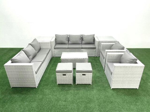 Rackhams Outdoor Rattan Sofa Garden Furniture Set with 2 Armchairs Oblong Coffee Table 2 Small Footstools 2 Side Tables Light Grey Mixed - image 1